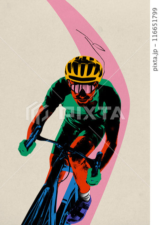 Poster. Contemporary art collage. Motivated, focused on victory in championship cyclist riding bike on pink road against beige background. Poster. Contemporary art collage. Motivated, focused on victory in championship cyclist riding bike on pink road against beige background. 116651799