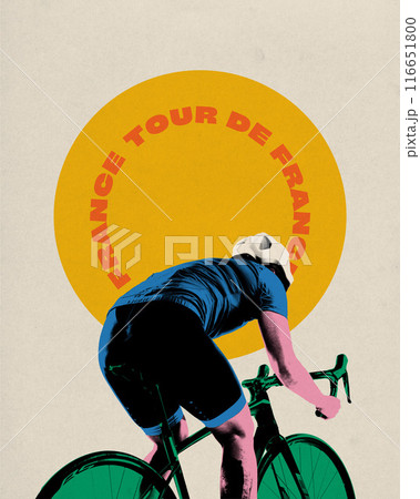 Poster. Contemporary art collage. Rear view of cyclist riding bike against beige background with circle with inscription. Motivation. Poster. Contemporary art collage. Rear view of cyclist riding bike against beige background with circle with inscription. Motivation. 116651800