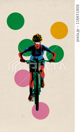Poster. Contemporary art collage. Rider, dressed in vibrant gear with yellow helmet surrounded by large, colorful dots 116651808