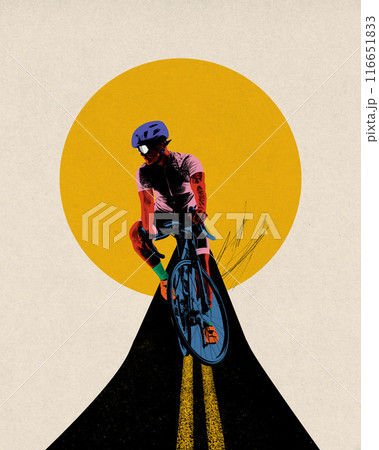 Poster. Contemporary art collage. Cyclist in vibrant colors, riding on dark road with yellow lines against bold yellow circle. Poster. Contemporary art collage. Cyclist in vibrant colors, riding on dark road with yellow lines against bold yellow circle. 116651833