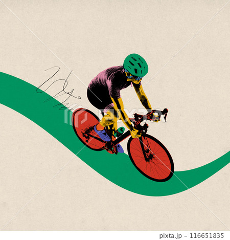 Poster. Contemporary art collage. Energetic artwork. Cyclist on bike with bright red wheels speeds along dynamic green wave against beige background Poster. Contemporary art collage. Energetic artwork. Cyclist on bike with bright red wheels speeds along dynamic green wave against beige background 116651835