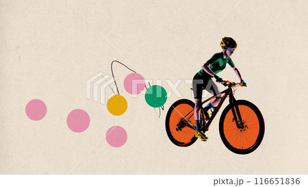 Poster. Contemporary art collage. Vibrant and stylized artwork showcasing cyclist in motion on bike with striking orange wheels. Poster. Contemporary art collage. Vibrant and stylized artwork showcasing cyclist in motion on bike with striking orange wheels. 116651836