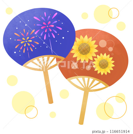 花火とひまわりの絵が描かれたうちわのセットのイラスト 116651914