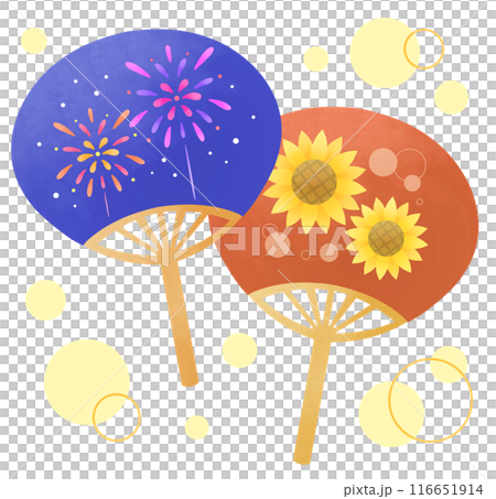 花火とひまわりの絵が描かれたうちわのセットのイラスト 116651914