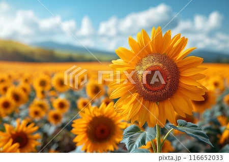 A vibrant sunflower field under a clear blue sky A vibrant sunflower field under a clear blue sky 116652033