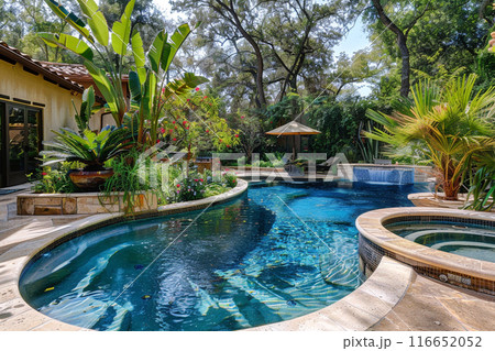 A beautifully landscaped backyard featuring a curved pool 116652052