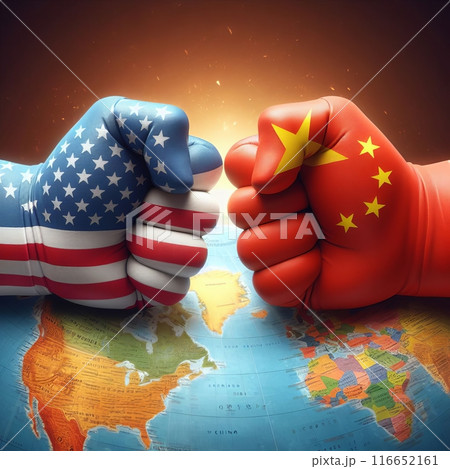 Symbolic imagery of US-China relations: Boxing gloves with national flags clash over world maps, representing global economic and political tensions. Symbolic imagery of US-China relations: Boxing gloves with national flags clash over world maps, representing global economic and political tensions. 116652161