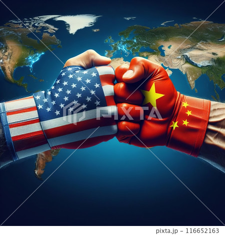 Symbolic imagery of US-China relations: Boxing gloves with national flags clash over world maps, representing global economic and political tensions. Symbolic imagery of US-China relations: Boxing gloves with national flags clash over world maps, representing global economic and political tensions. 116652163