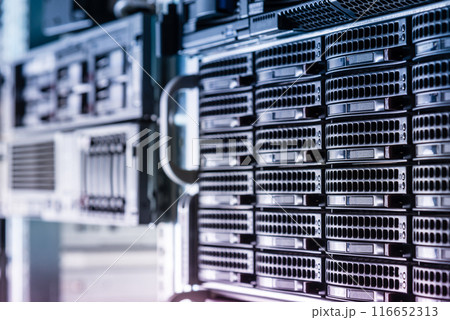 Row of hard disks used for data storage in internet data center 116652313