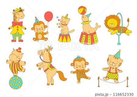 Cute circus animals set. Funny colorful lion, monkey and giraffe. Hand drawn vector illustration for kids and nursery Cute circus animals set. Funny colorful lion, monkey and giraffe. Hand drawn vector illustration for kids and nursery 116652330