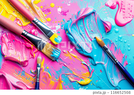 Vibrant Painted Brushes. A vibrant arrangement of paintbrushes with splashes of colorful paint 116652508