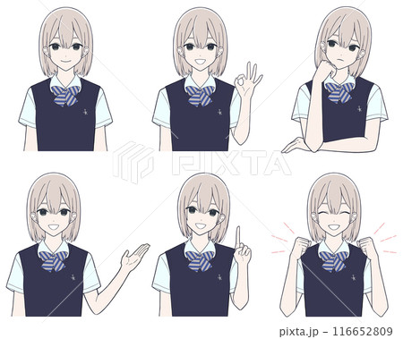 漫画風の女子学生の表情イラスト バリエーションセット 116652809