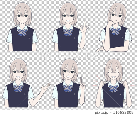 漫画風の女子学生の表情イラスト バリエーションセット 116652809