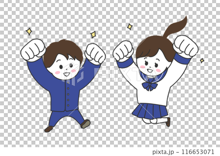 Illustration of a man and woman in a sailor suit and school uniform jumping with their fists raised Illustration of a man and woman in a sailor suit and school uniform jumping with their fists raised 116653071