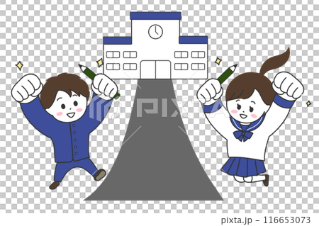 Illustration of a boy and girl in uniform jumping with a school background and pencils Illustration of a boy and girl in uniform jumping with a school background and pencils 116653073