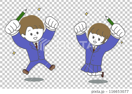 Illustration of male and female high school students jumping with pencils Illustration of male and female high school students jumping with pencils 116653077