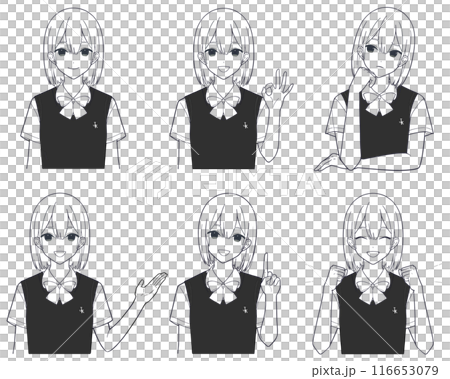 漫畫風格女學生臉部表情單調插畫變異集（畫線） 116653079