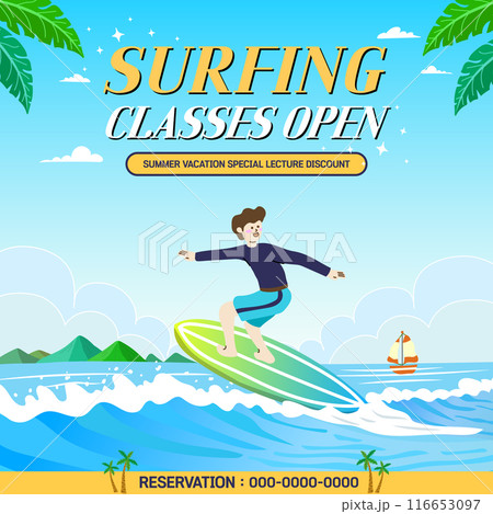 surf sport poster, banner or flyer design, vector illustration 116653097
