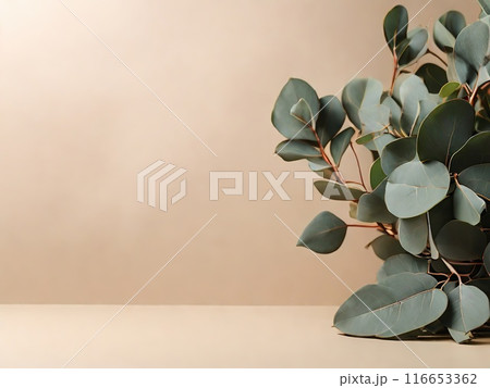 Beautiful eucalyptus branches with green leaf, flat lay on beige background with empty copy space for text	 116653362
