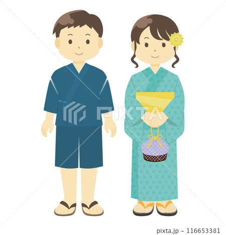 甚平と浴衣を着た男女のイラスト 甚平と浴衣を着た男女のイラスト 116653381