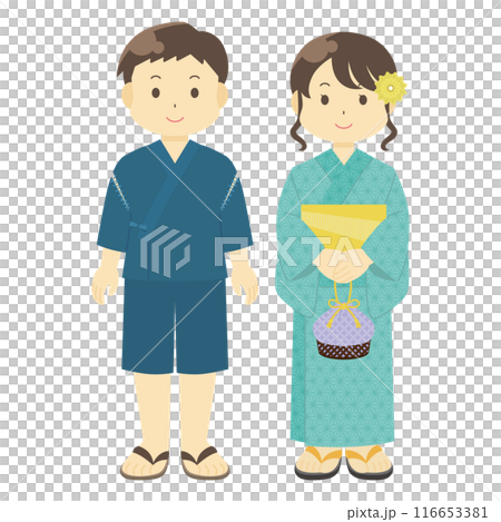 穿著甚平和浴衣的男人和女人的插圖 116653381