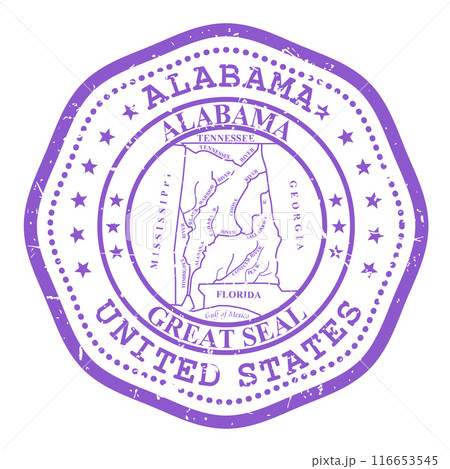 Alabama state stamp with seal, USA travel stamp, shabby postmark of Alabama, vector Alabama state stamp with seal, USA travel stamp, shabby postmark of Alabama, vector 116653545