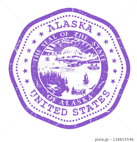 Alaska state stamp with seal, USA travel stamp, shabby postmark of Alaska, vector Alaska state stamp with seal, USA travel stamp, shabby postmark of Alaska, vector 116653546