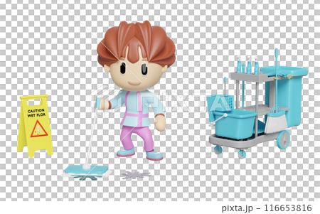 3d housekeeper or cleaning staff is wiping and mopping the wet floor with cleaning cart, caution slippery sign isolated. cleaning tool equipment, 3d illustration render 3d housekeeper or cleaning staff is wiping and mopping the wet floor with cleaning cart, caution slippery sign isolated. cleaning tool equipment, 3d illustration render 116653816