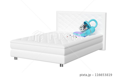 3d electrical vacuum cleaner on bed isolated. sucking up dirt and killing germs, get rid of dust mites concept, 3d illustration render 3d electrical vacuum cleaner on bed isolated. sucking up dirt and killing germs, get rid of dust mites concept, 3d illustration render 116653819