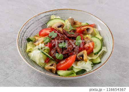 salad with meat, mushrooms, tomatoes and cucumbers on a stone background, studio food photo 1 116654367