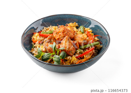 Hibachi rice with kimchi pork on a white background studio food photo 8 116654373