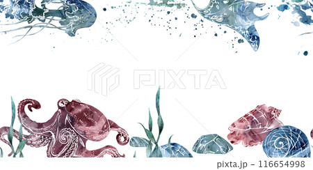 Watercolor and ink hand drawn marine life, sea ocean underwater creatures. fish, shells algae seaweed. Seamless banner illustration, stylized, isolated on white. For zoo shop, aquarium, fabric decor Watercolor and ink hand drawn marine life, sea ocean underwater creatures. fish, shells algae seaweed. Seamless banner illustration, stylized, isolated on white. For zoo shop, aquarium, fabric decor 116654998