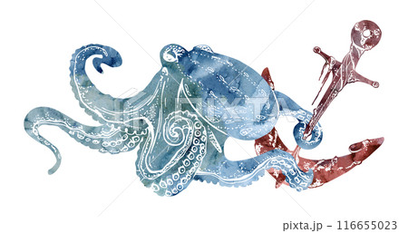 Watercolor and ink hand drawn marine life, sea ocean underwater creatures. fish, shells algae seaweed. Composition illustration, stylized, isolated on white. For zoo shop, aquarium, cosmetics, resort Watercolor and ink hand drawn marine life, sea ocean underwater creatures. fish, shells algae seaweed. Composition illustration, stylized, isolated on white. For zoo shop, aquarium, cosmetics, resort 116655023