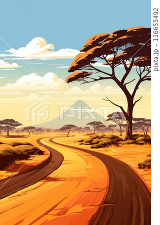 sandy road in desert landscape illustration 116655492