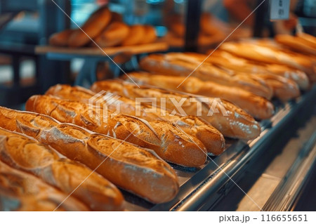 Freshly baked baguettes in a bakery. Freshly baked baguettes in a bakery. 116655651