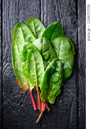 Leaves of fresh green organic sorrel on black wooden board Leaves of fresh green organic sorrel on black wooden board 116655708