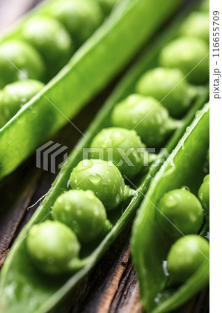 Macro shot of green sugar snap peas with water drops Macro shot of green sugar snap peas with water drops 116655709