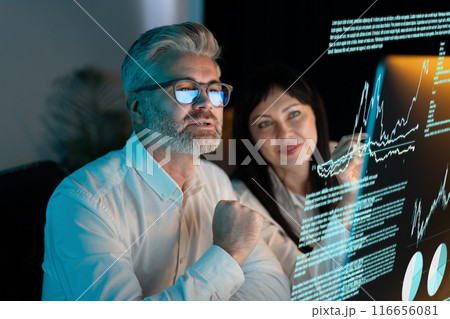 Business Professionals Analyzing Data on Interactive Digital Screen in Modern Office Business Professionals Analyzing Data on Interactive Digital Screen in Modern Office 116656081