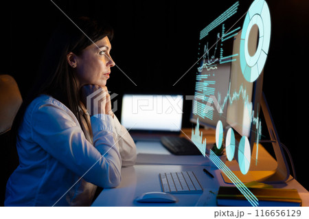 Woman Analyzing Data on Computer Screen in Dark Office Environment 116656129