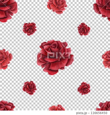 Rose head seamless pattern. Deep red flowers. Simple geometric ornate. Summer ruby plants. Realistic blooming scarlet roses. Watercolor illustration for wedding design, memorial day Rose head seamless pattern. Deep red flowers. Simple geometric ornate. Summer ruby plants. Realistic blooming scarlet roses. Watercolor illustration for wedding design, memorial day 116656450