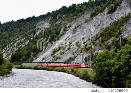 モルテラッチ氷河の融水が流れる川を渡るベルニナ線電車 116656609