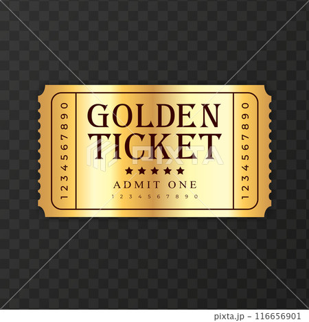 Golden ticket template on dark transparent background. Festival, cinema, theater, concert, casino, circus, event Golden ticket, front view. Vector illustration 116656901