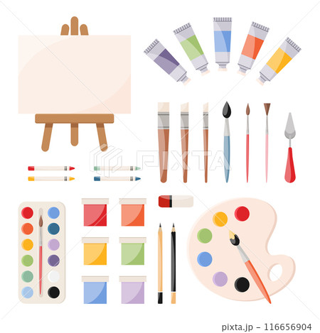 Painting tools, art supplies set. Paints, canvas, paint tubes, brushes, palette knife, watercolor palette, crayons, pencils, eraser. Artist equipment icons. Vector illustration 116656904