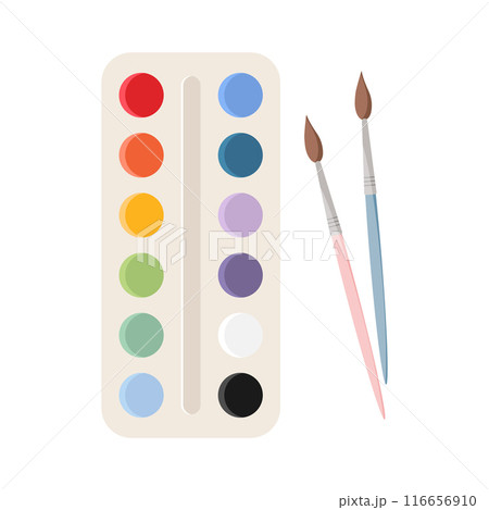 Bright paints in box with paint brush. Watercolor palette. Vector illustration Bright paints in box with paint brush. Watercolor palette. Vector illustration 116656910