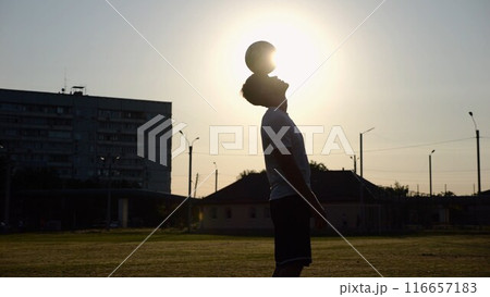 Professional footballer juggling soccer ball on stadium at sunset. Young man kicking ball at green field. Sportsman practicing tricks at meadow with sunlight at background. Freestyle football concept 116657183