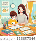 親子で夏休みの宿題を一緒にやっているイラスト 116657346