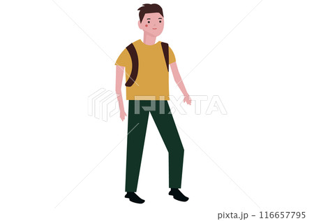 リュックを担いで歩く男性。リュックサックを背負ってウォーキングをする若い男性。ベクターイラスト 116657795