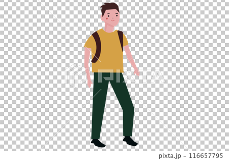リュックを担いで歩く男性。リュックサックを背負ってウォーキングをする若い男性。ベクターイラスト 116657795