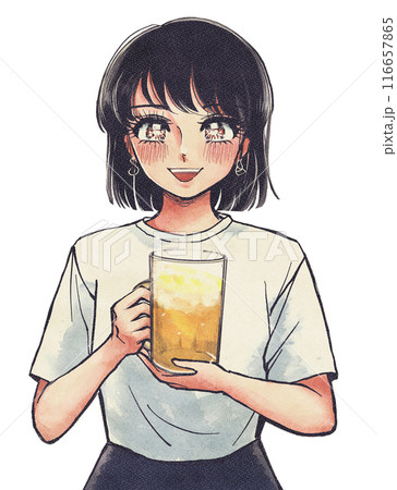 飲み会!ビールが大好きな女性のレトロ調イラスト 飲み会!ビールが大好きな女性のレトロ調イラスト 116657865