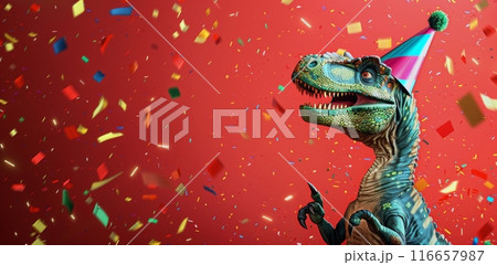 Smiling Dinosaur Wearing Party Hat Surrounded by Confetti 116657987
